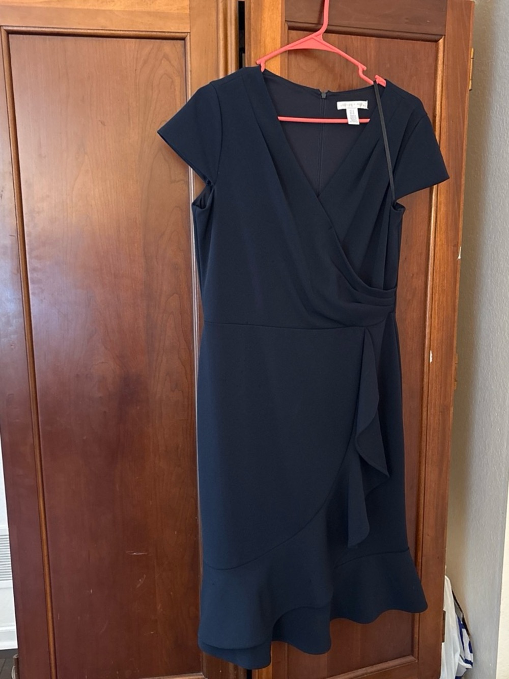 London Times Navy Faux-Wrap Ruffle Sheath Dress